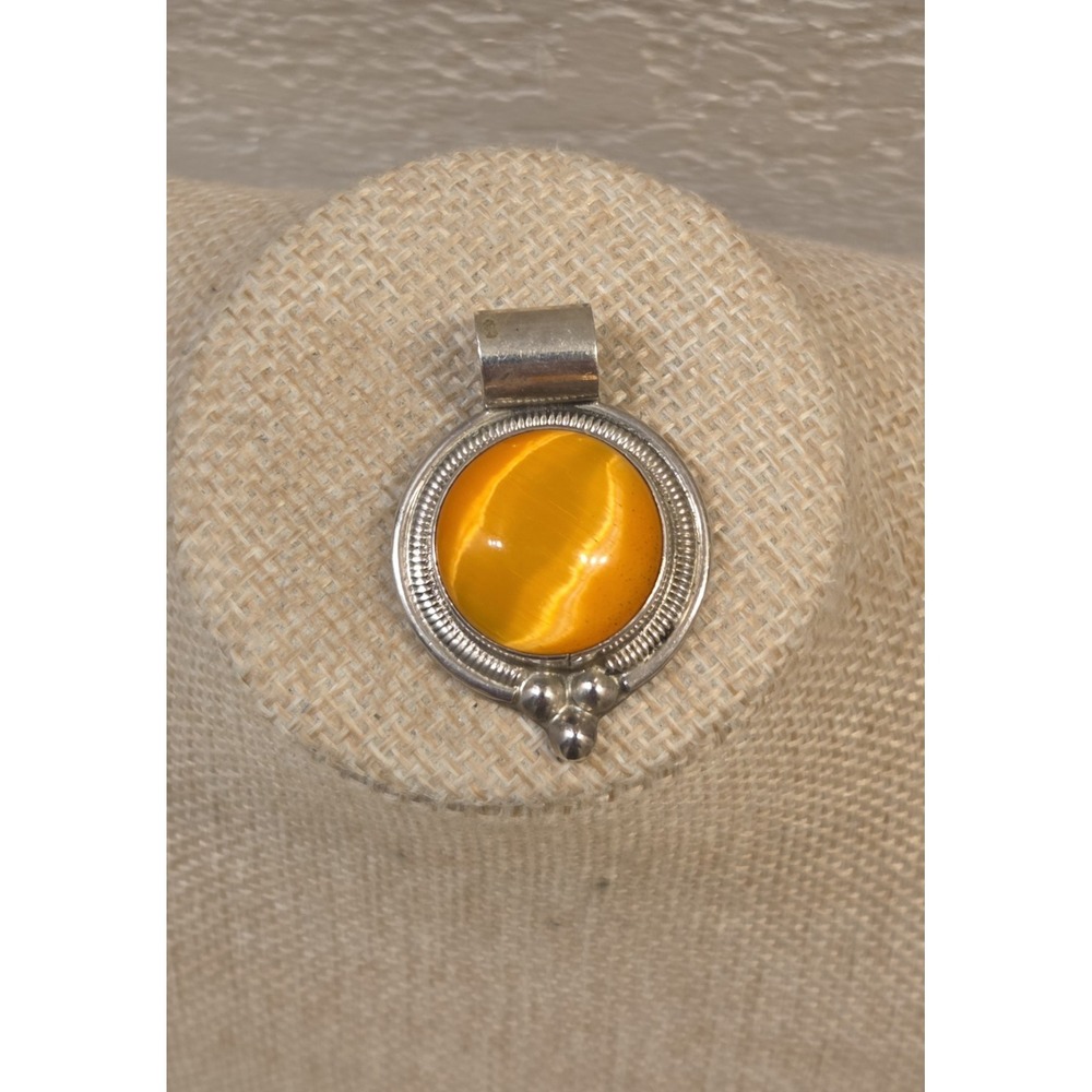 Vintage Domed Sterling Silver & Orange Cat's Eye Pendant Mexico 925